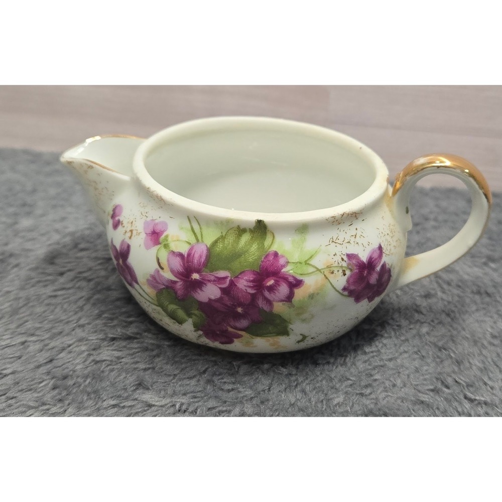 Vintage Porcelain Creamer Purple Floral Violets Gold Gilt Trim Tea Pitcher